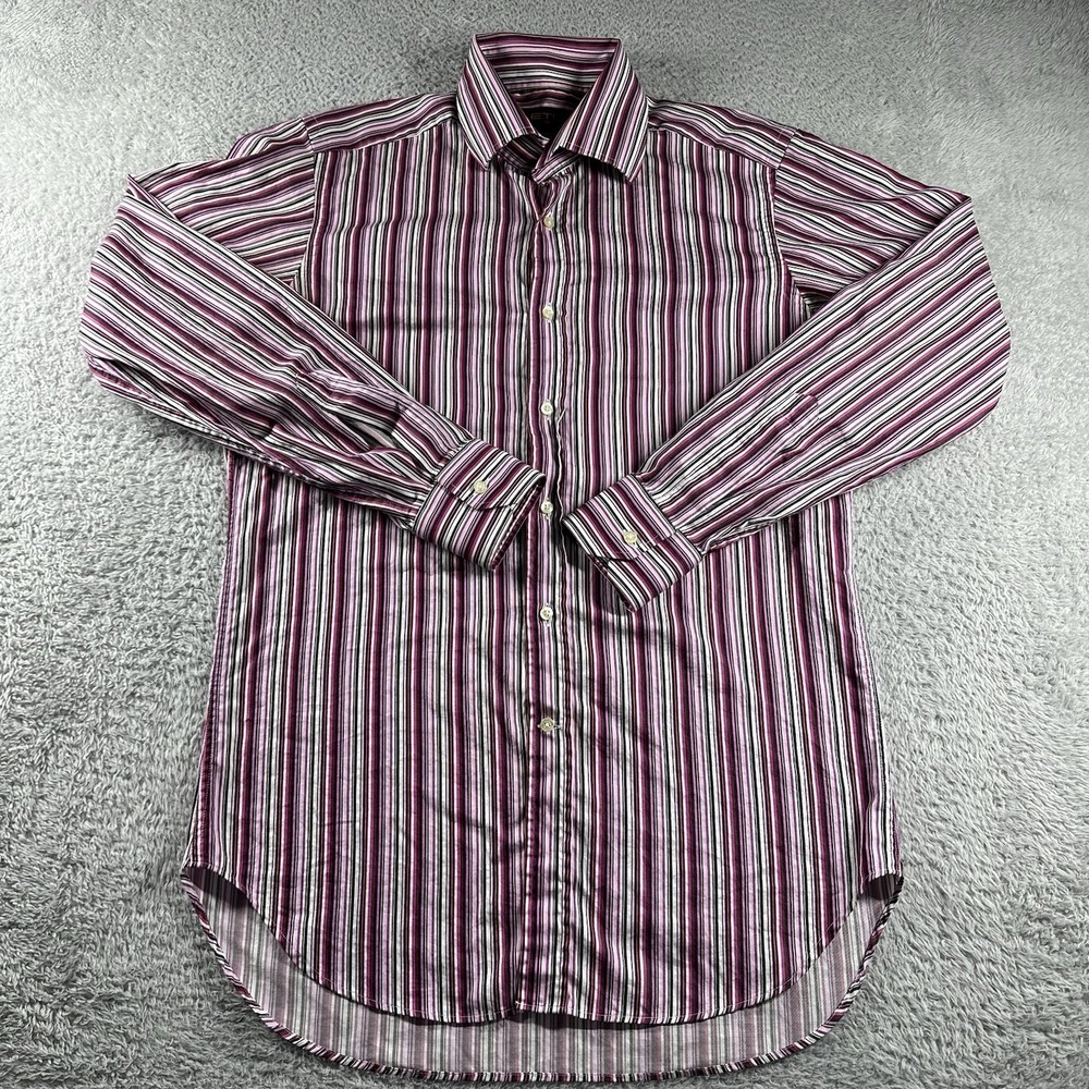 Etro Milano Dress Shirt Mens 38 Stripe Pattern Purple Pink Italy Lightweight